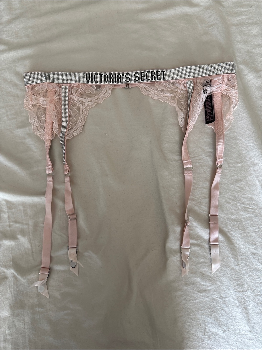 Victoria's Secret Pale Pink Lace Garter Belt with Rhinestone Logo Band